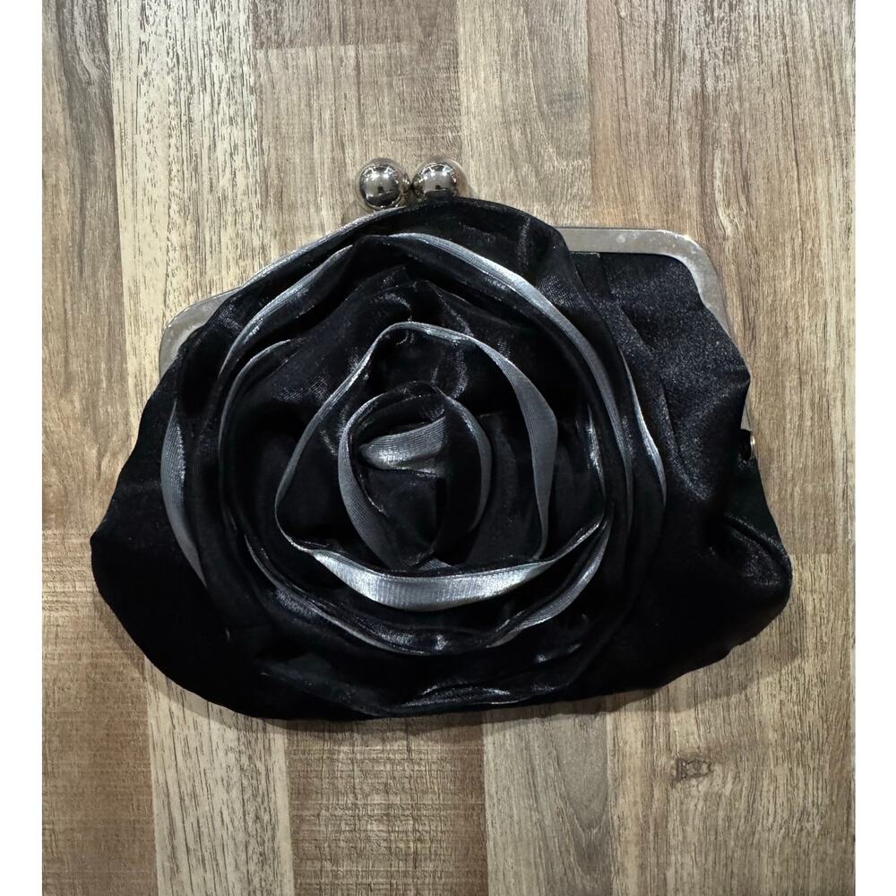 Y2K Milly Bridal Black Rosette Silk Wedding Flower Clutch with Silver Hardware
